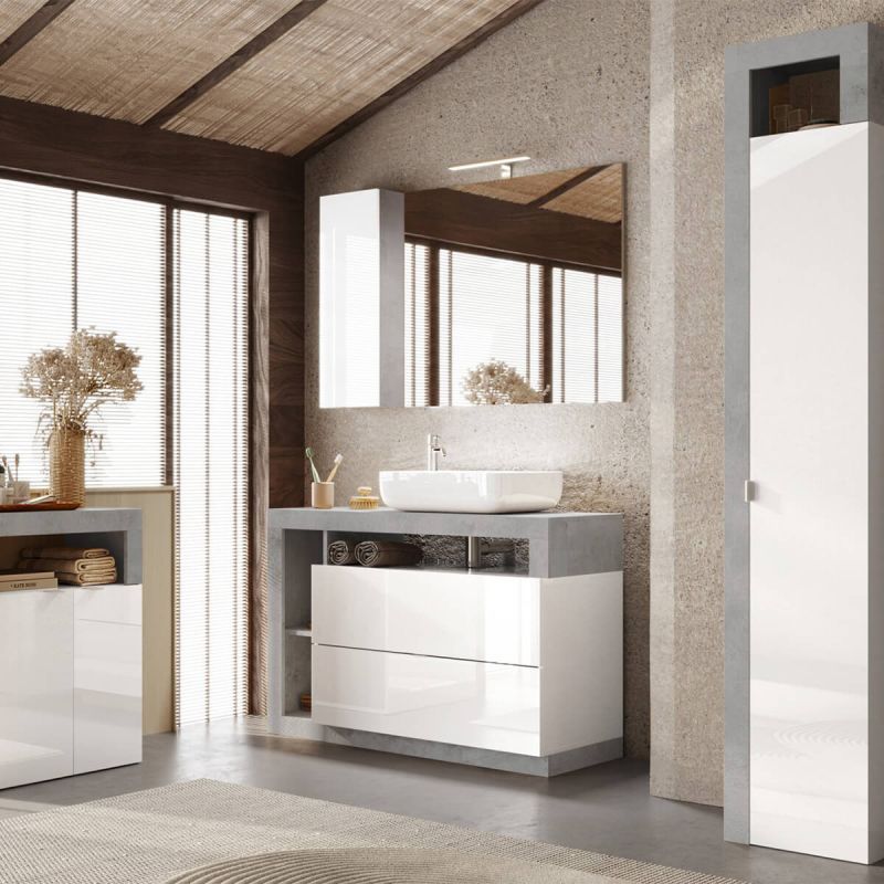 ARTURO - Ensemble meuble vasque 110cm + rangement + armoire 1P blanc et aspect béton ARTURO - Ensemble meuble vasque 110cm + rangement + armoire 1P blanc et aspect béton