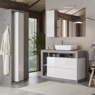 ARTURO - Ensemble meuble vasque 110cm + colonne pivotante blanc et aspect béton