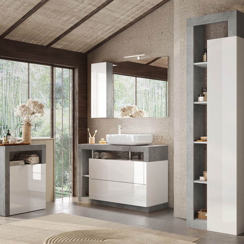 ARTURO - Ensemble meuble vasque 110cm + rangement 2P + colonne blanc et aspect béton