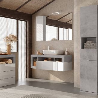 ARTURO - Ensemble meuble vasque suspendu 110cm + rangements blanc et aspect béton