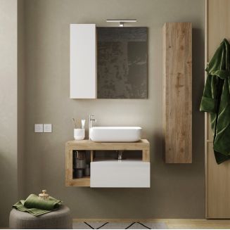 ARTURO - Ensemble meuble vasque 78 cm et colonne suspendus blanc et aspect bois Cadiz