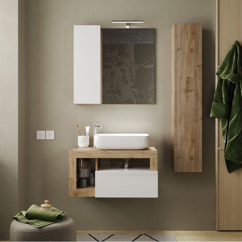 ARTURO - Ensemble meuble vasque 78 cm et colonne suspendus blanc et aspect bois Cadiz