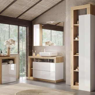ARTURO - Ensemble meuble vasque 110cm + rangement + colonne blanc et aspect bois Cadiz