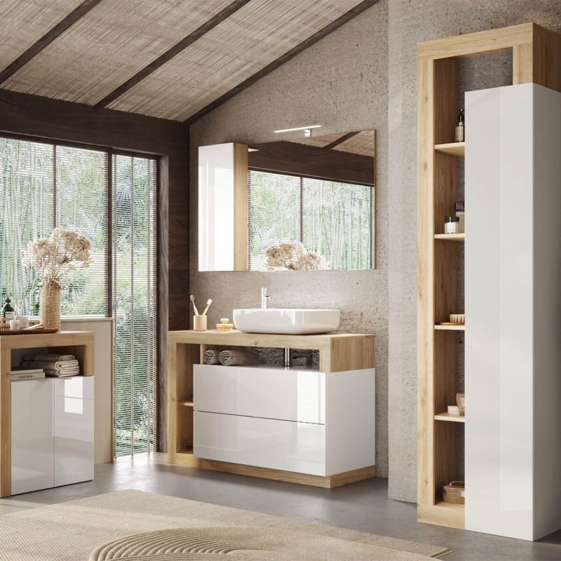 ARTURO - Ensemble meuble vasque 110cm + rangement + colonne blanc et aspect bois Cadiz