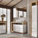 ARTURO - Ensemble meuble vasque 110cm + rangement + armoire 1P blanc et aspect bois Cadiz