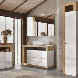 ARTURO - Ensemble meuble vasque 110cm + rangement + armoire 1P blanc et aspect bois Cadiz