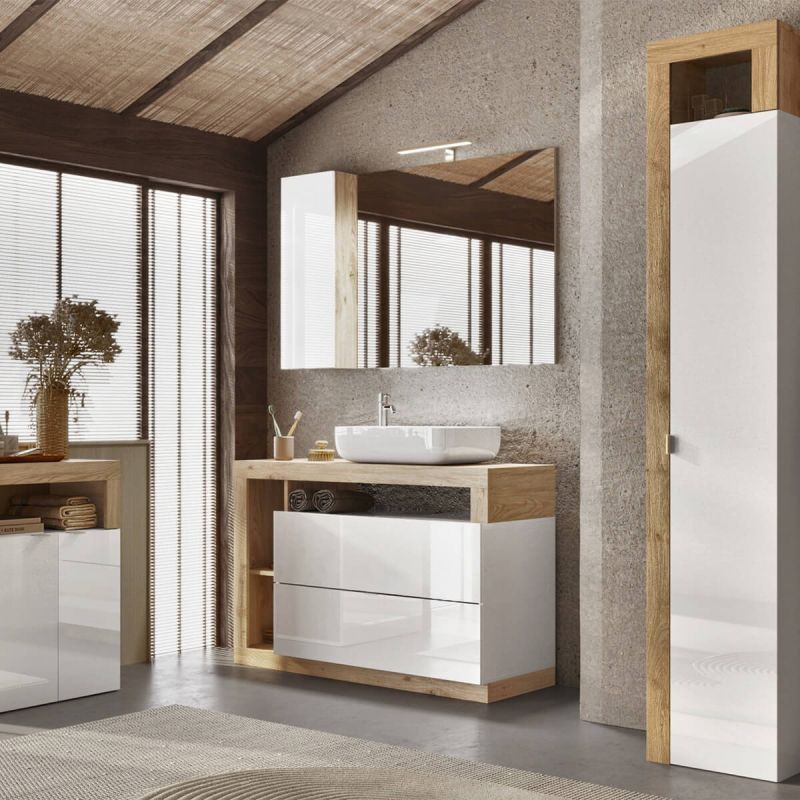 ARTURO - Ensemble meuble vasque 110cm + rangement + armoire 1P blanc et aspect bois Cadiz