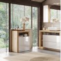 ARTURO - Ensemble meuble vasque 110cm + rangement + armoire 1P blanc et aspect bois Cadiz