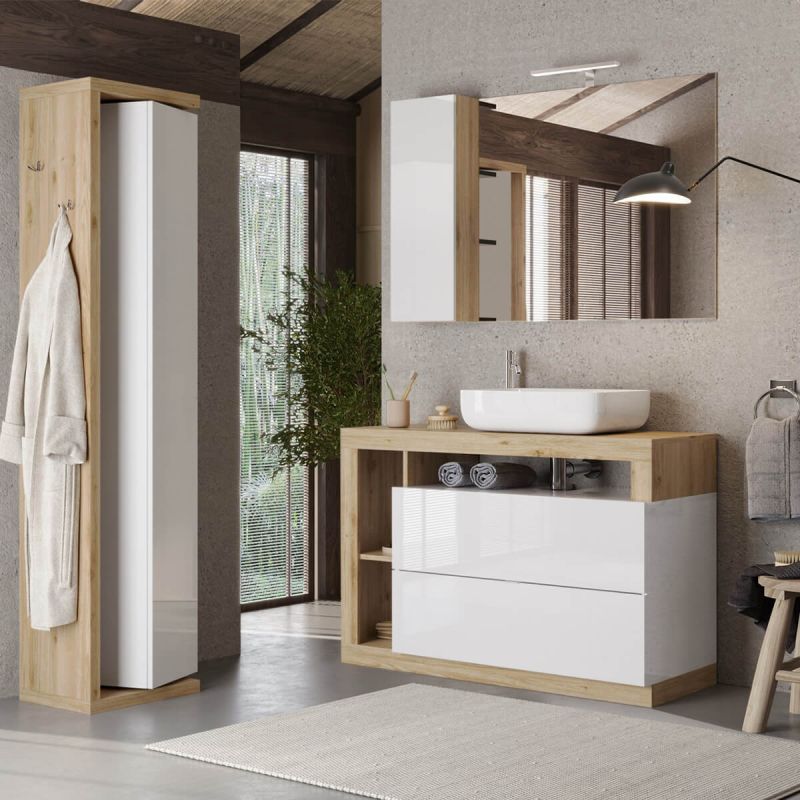 ARTURO - Ensemble meuble vasque 110cm + colonne pivotante blanc et aspect bois Cadiz