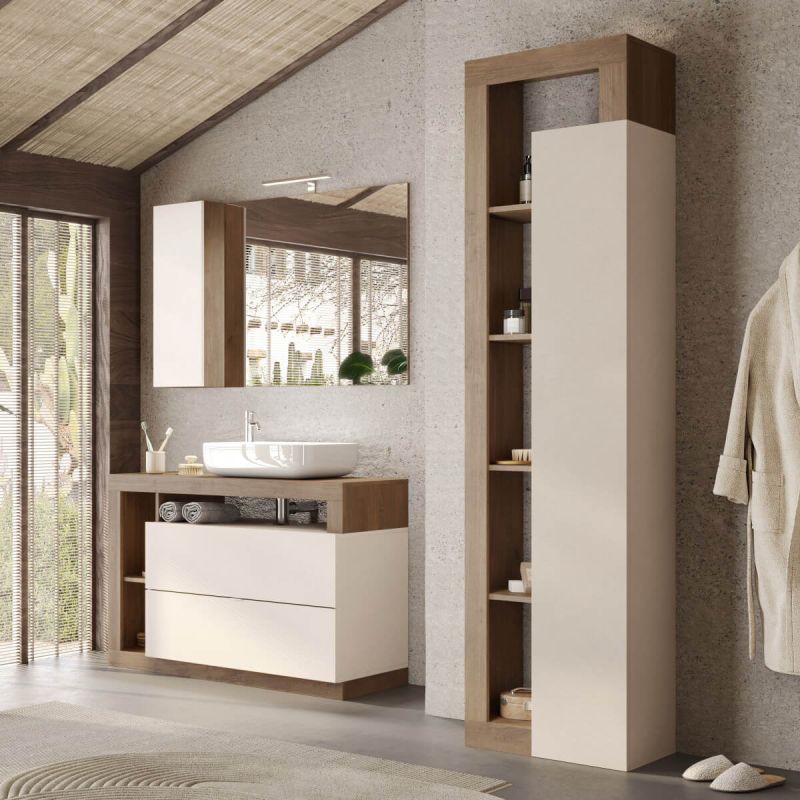 ARTURO - Ensemble meuble vasque 110cm + colonne beige et aspect bois Mercure