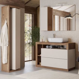ARTURO - Ensemble meuble vasque 110cm + colonne pivotante beige et aspect bois Mercure