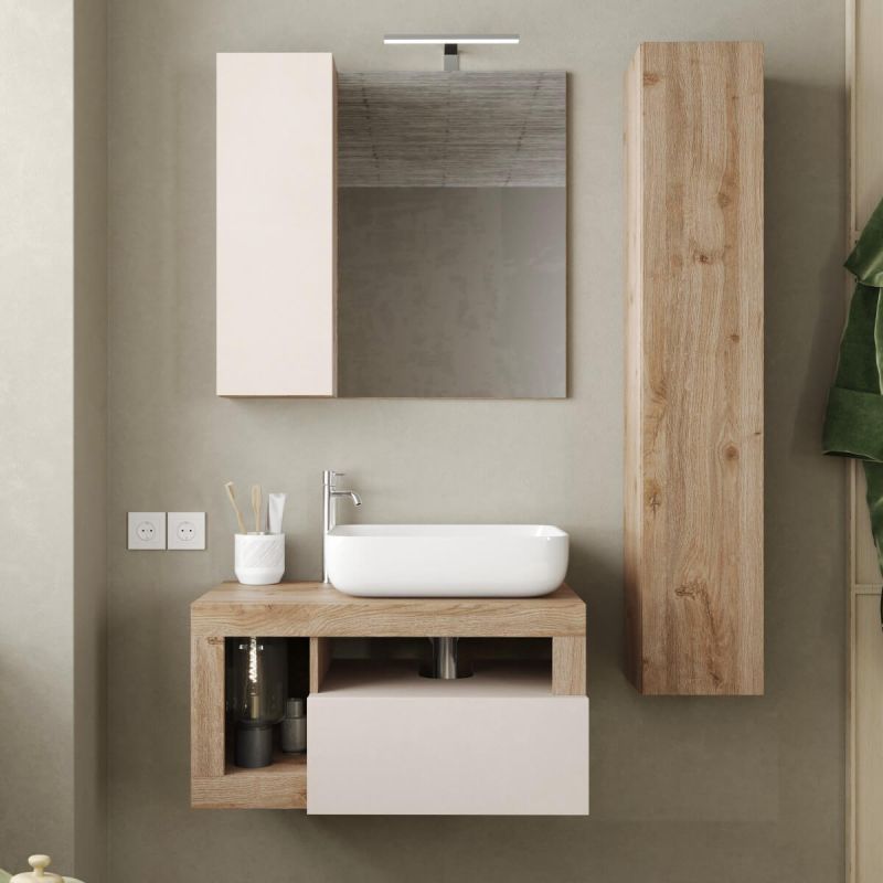ARTURO - Ensemble meuble vasque 78 cm et colonne suspendus beige et aspect bois Cadiz