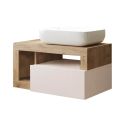 ARTURO - Ensemble meuble vasque 78 cm et colonne suspendus beige et aspect bois Cadiz