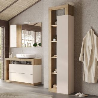 ARTURO - Ensemble meuble vasque 92cm + colonne beige et aspect bois Cadiz