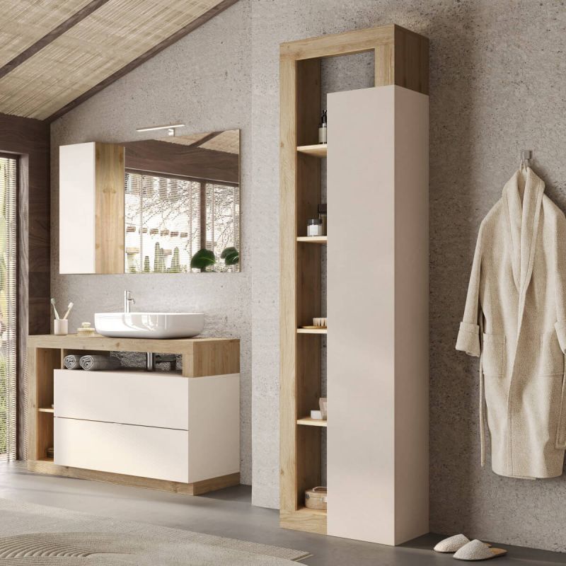 ARTURO - Ensemble meuble vasque 92cm + colonne beige et aspect bois Cadiz
