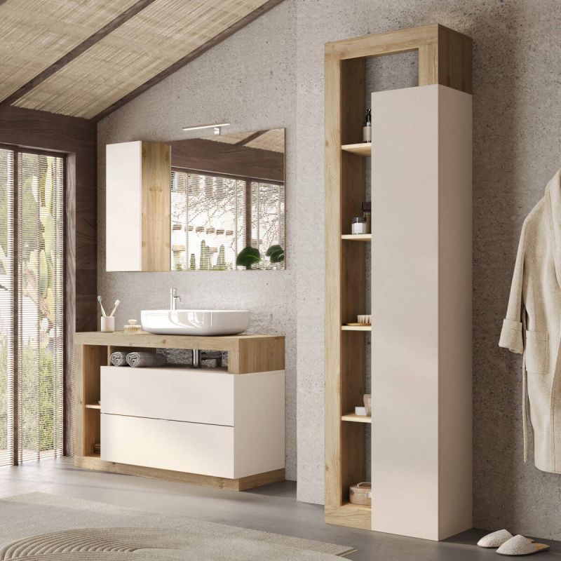 ARTURO - Ensemble meuble vasque 110cm + colonne beige et aspect bois Cadiz