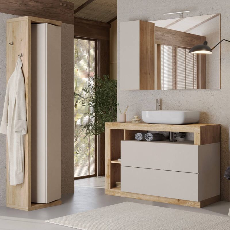 ARTURO - Ensemble meuble vasque 110cm + colonne pivotante beige et aspect bois Cadiz