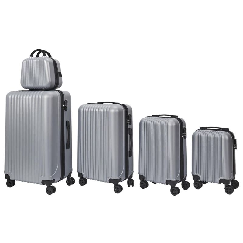 Lot de 5 Valises Rigides Argent (18L-100L) avec Vanity, Roues Pivotantes 360°, Poignée de Traction et Cadenas Sécurisé à Code