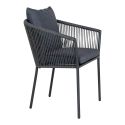KARRIGE - Ensemble repas de jardin table en teck + 4 fauteuils noirs avec coussins
