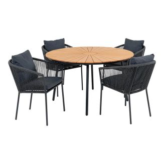 KARRIGE - Ensemble repas de jardin table en teck + 4 fauteuils noirs avec coussins