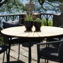 KARRIGE - Ensemble repas de jardin table en teck + 4 fauteuils noirs avec coussins