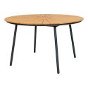 KARRIGE - Ensemble repas de jardin table en teck + 4 fauteuils noirs avec coussins