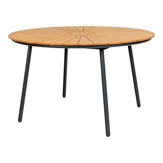 KARRIGE - Table de jardin ronde 130cm plateau en lames de teck et pieds métal noir