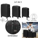 Lot de 3 Valises Extensibles Noires avec Roues Pivotantes 360°, Cadenas Sécurisé à Code