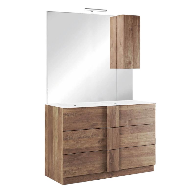 ZEUS - Meuble Vasque 122cm 3 tiroirs + Miroir aspect bois finition Mercure