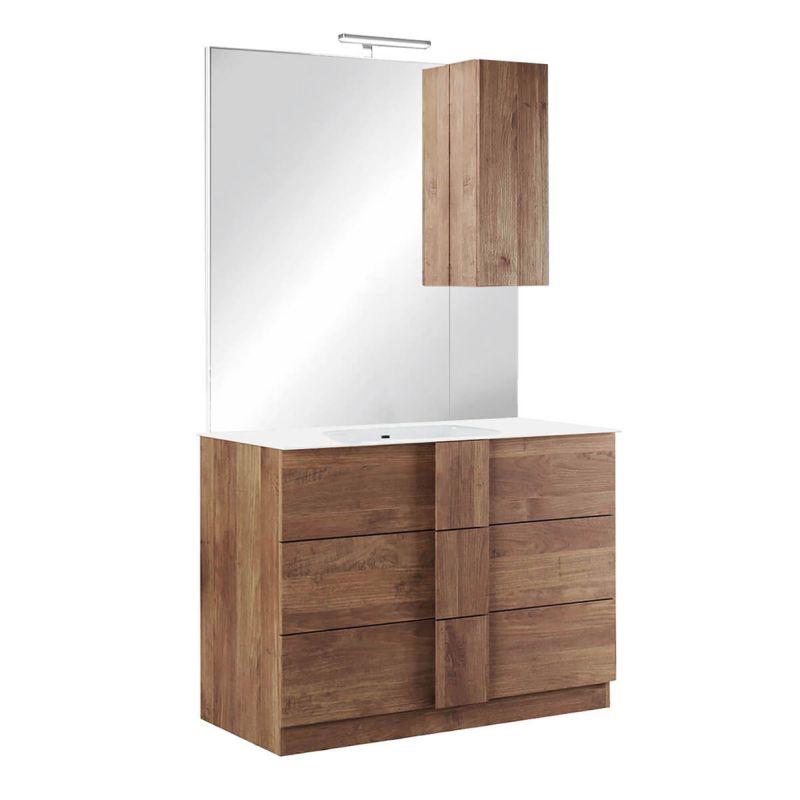ZEUS - Meuble Vasque 101cm 3 tiroirs + Miroir aspect bois finition Mercure ZEUS - Meuble Vasque 101cm 3 tiroirs + Miroir aspect bois finition Mercure