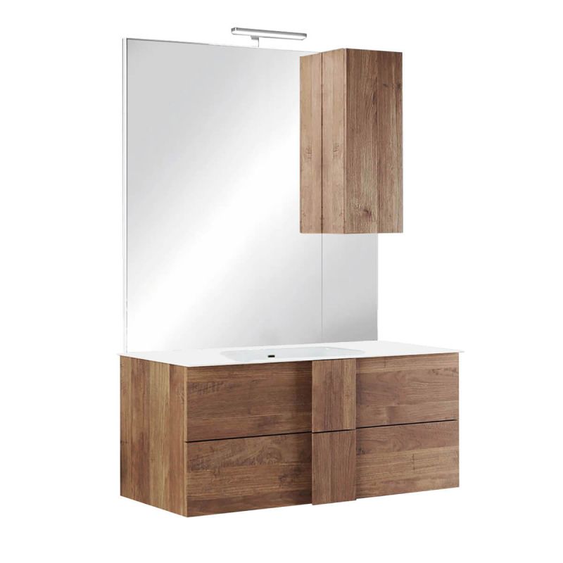 ZEUS - Meuble Vasque 101cm suspendu 2 tiroirs + Miroir aspect bois finition Mercure