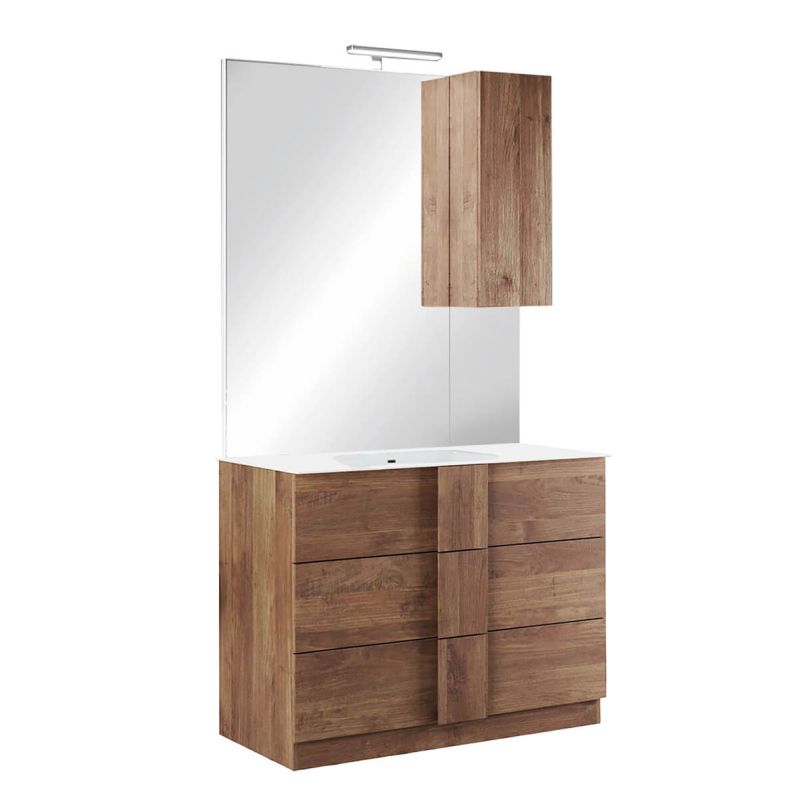 ZEUS - Meuble Vasque 82cm 3 tiroirs + Miroir aspect bois finition Mercure