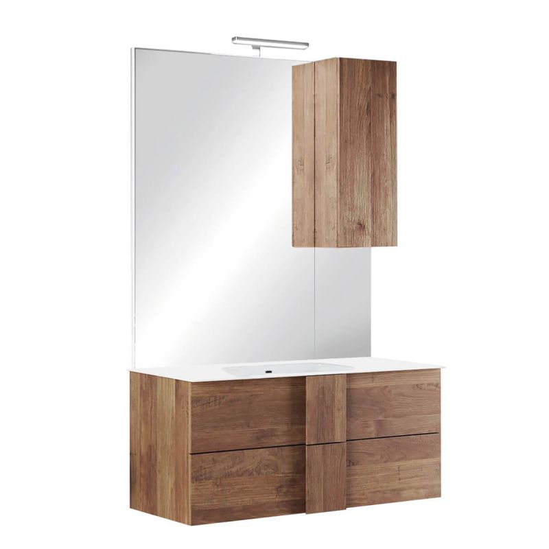 ZEUS - Meuble Vasque 82cm suspendu 2 tiroirs + Miroir aspect bois finition Mercure