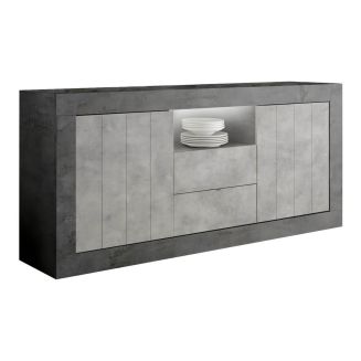 PAOLINO - Buffet 2 portes 2 tiroirs et 1 niche gris aspect Cimento et Oxyde