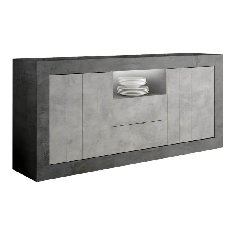 PAOLINO - Buffet 2 portes 2 tiroirs et 1 niche gris aspect Cimento et Oxyde PAOLINO - Buffet 2 portes 2 tiroirs et 1 niche gris aspect Cimento et Oxyde