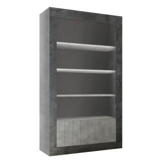 PAOLINO - Bibliothéque 3 étagères et 2 portes gris aspect Cimento et Oxyde