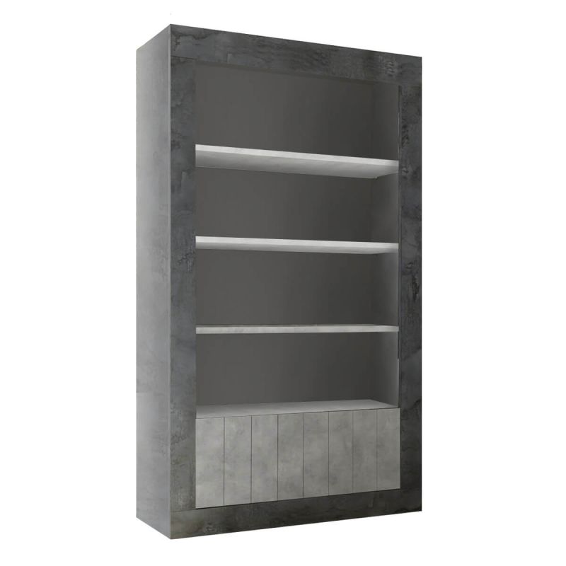 PAOLINO - Bibliothéque 3 étagères et 2 portes gris aspect Cimento et Oxyde
