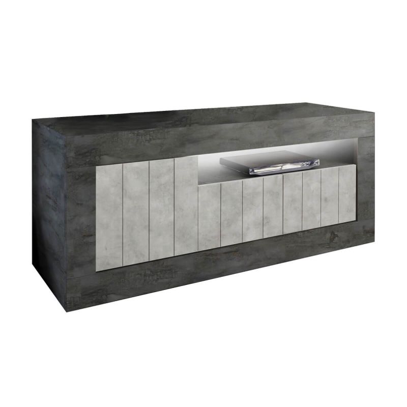 PAOLINO - Meuble TV 3 portes 1 niche gris aspect Cimento et Oxyde PAOLINO - Meuble TV 3 portes 1 niche gris aspect Cimento et Oxyde