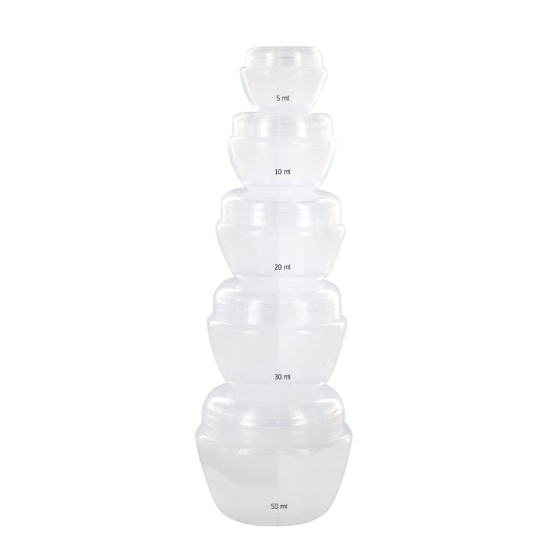 Lot de 5 flacons de voyage (5ML à 50ML) en plastique blanc avec bouchon à visé et opercule de proctection