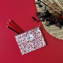 Trousse de toilette avec message rectangulaire 15x20cm en coton fleuri rouge et blanc avec fermeture éclair dorée