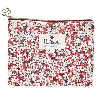 Trousse de toilette avec message rectangulaire 15x20cm en coton fleuri rouge et blanc avec fermeture éclair dorée