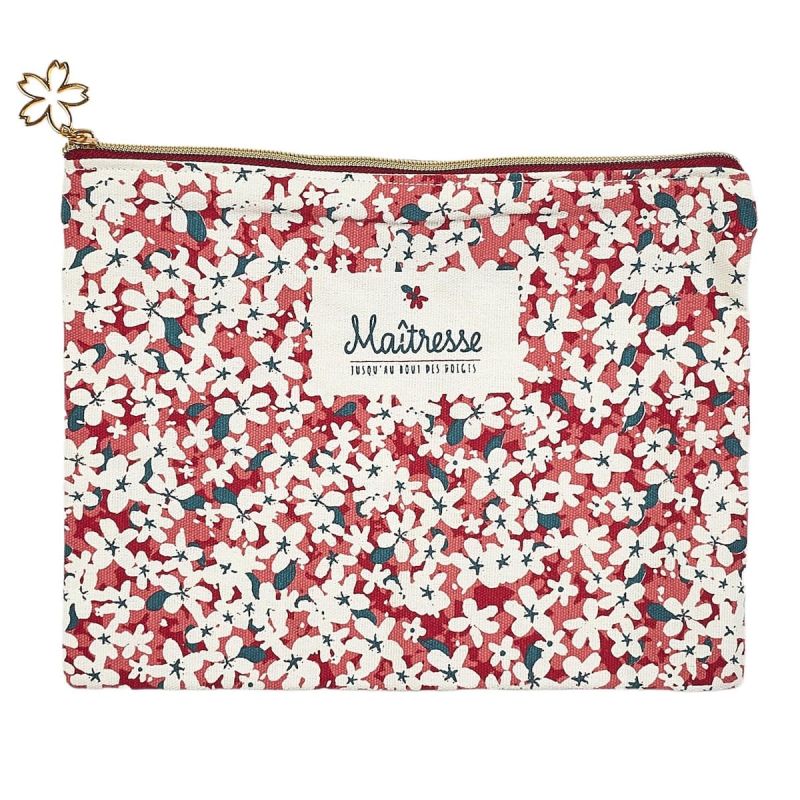 Trousse de toilette avec message rectangulaire 15x20cm en coton fleuri rouge et blanc avec fermeture éclair dorée