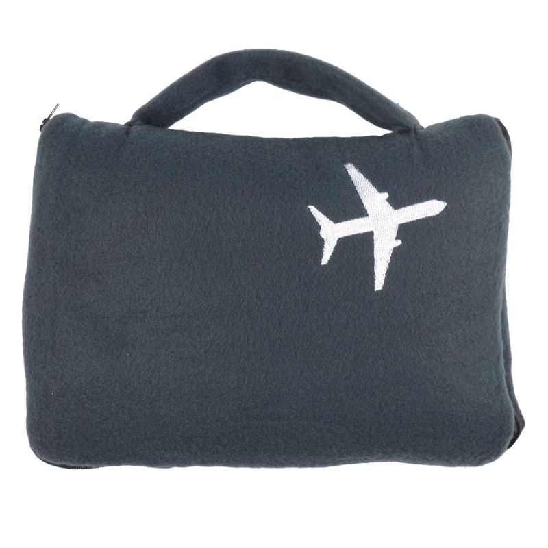 Plaid polaire de voyage rectangulaire 120x150cm en polyestère gris anthracite avec les bords surpiqués + Housse de transport