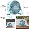 Ventilateur USB silencieux bleue à deux vitesses de 25 cm de hauteur, avec une tête orientable et inclinable verticalement