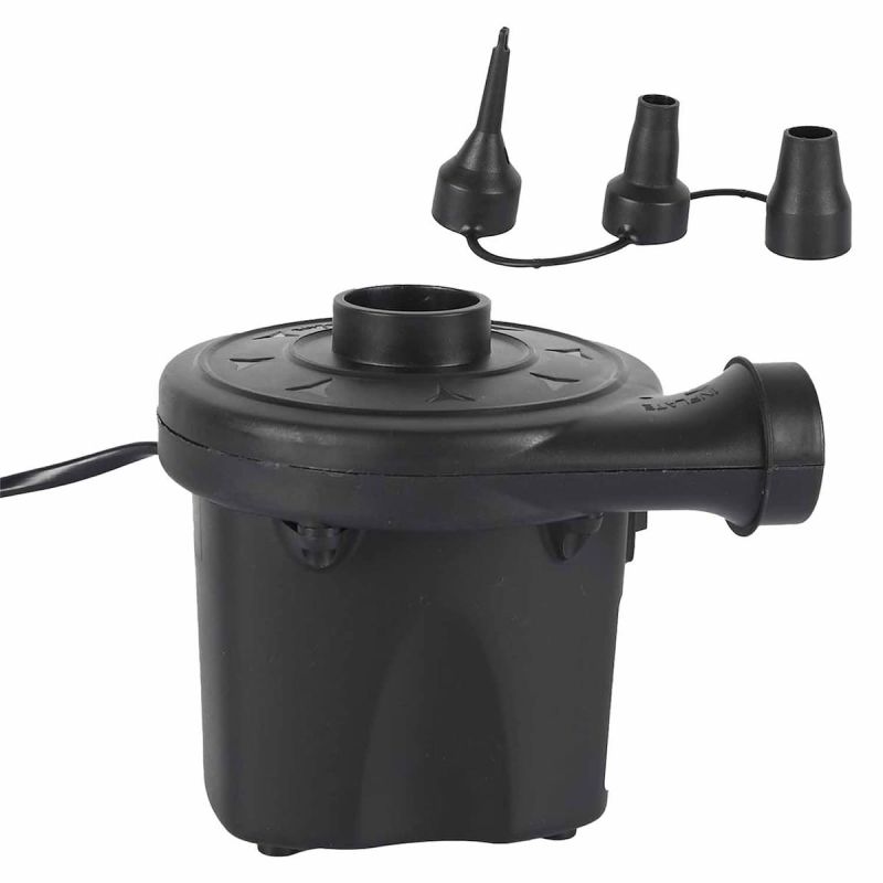 Gonfleur et dégonfleur électrique (220-240V) sur secteur avec 3 embouts (8, 12 et 15 mm) en plastique noir