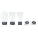 Kit de voyage avec 3 flacons et 2 pots (12ML à 100ML) en plastique blanc+ Pochette transparente