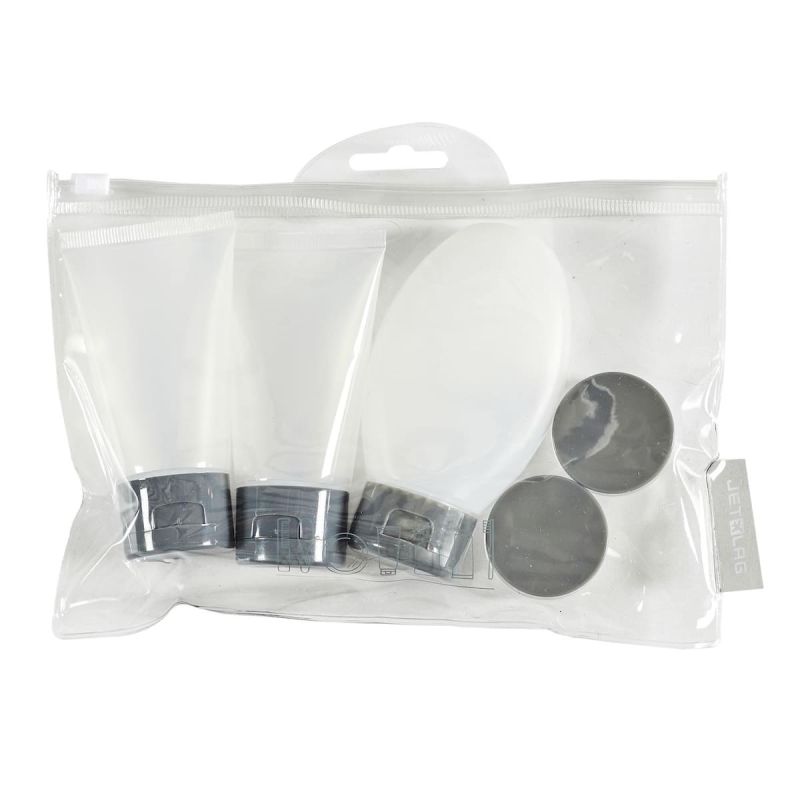 Kit de voyage avec 3 flacons et 2 pots (12ML à 100ML) en plastique blanc+ Pochette transparente Kit de voyage avec 3 flacons et 2 pots (12ML à 100ML) en plastique blanc+ Pochette transparente