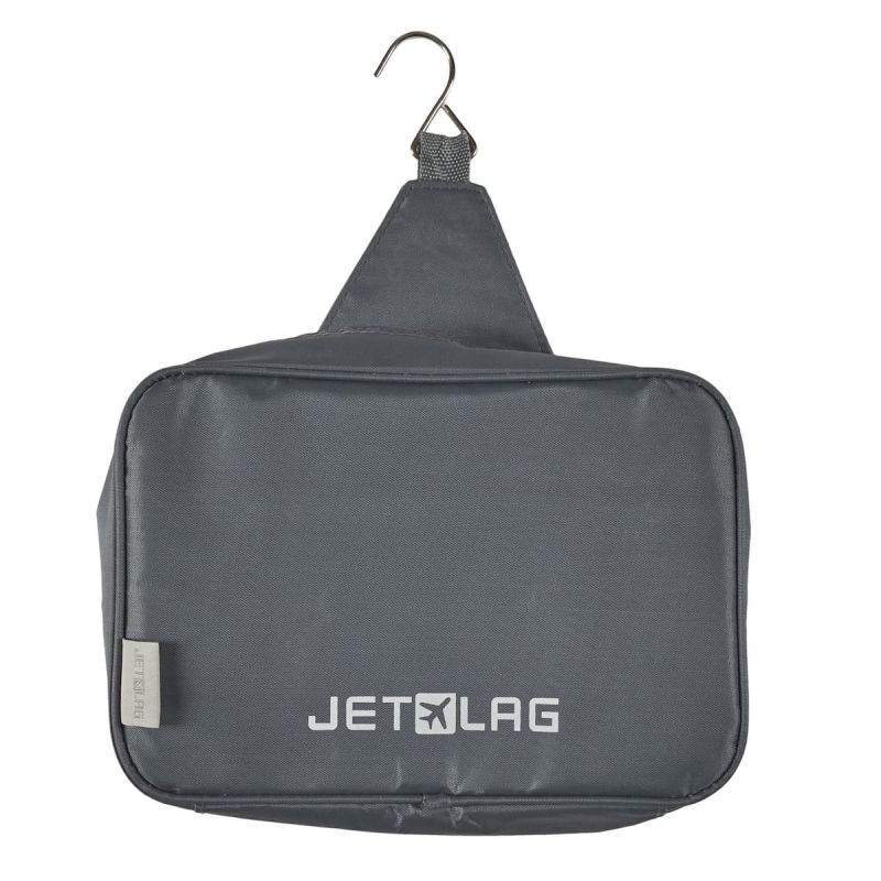 Trousse de toilette rectangulaire 18x26cm en polyestère gris avec son crochet de suspension