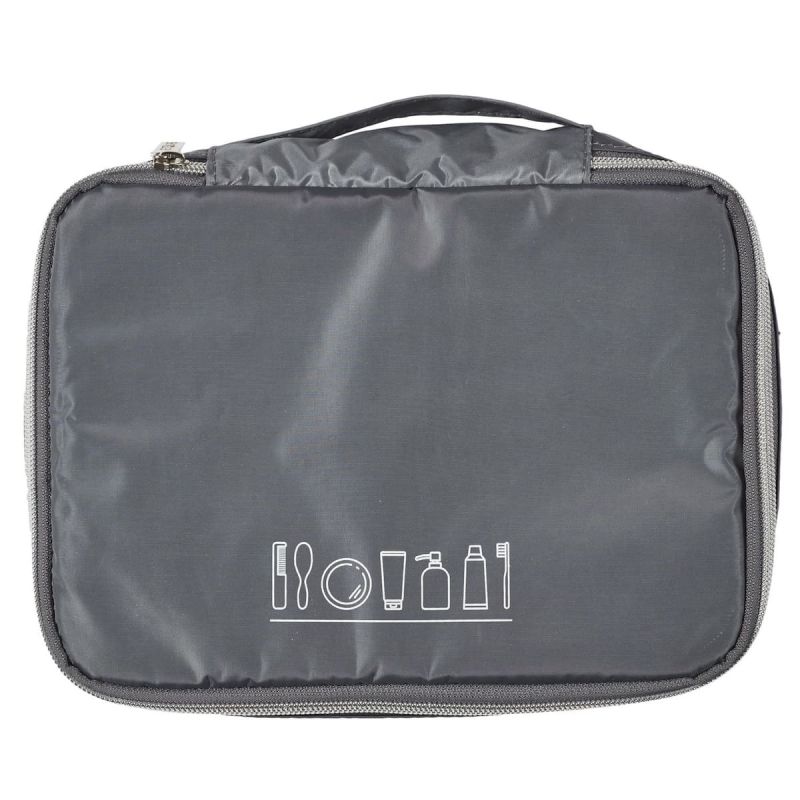 Trousse de toilette cosmétique rectangulaire 19x26cm en polyestère gris avec ses séparations amovibles