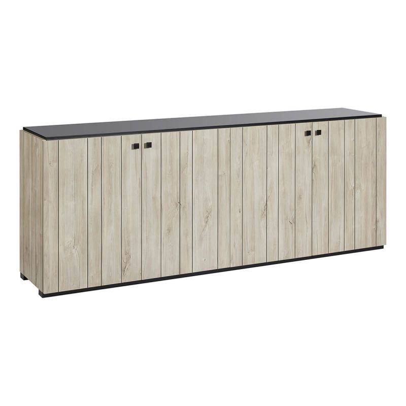 THOMAS - Buffet 4 portes aspect lames de bois finition Beach et plateau noir THOMAS - Buffet 4 portes aspect lames de bois finition Beach et plateau noir